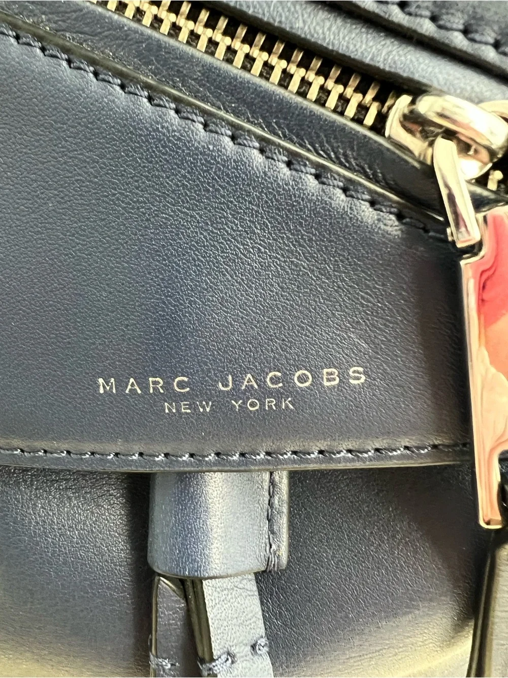 Marc Jacobs Navy Leather Drawstring Backpack with Zipper Details